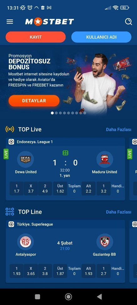 MostBet uygulaması ana ekranı