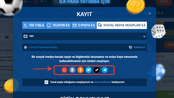 Kayıt olurken sosyal ağların listesi